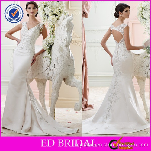 V Neck Straps Keyhole Back Lace Embroidery Satin Mermaid Beijing Wedding Dress